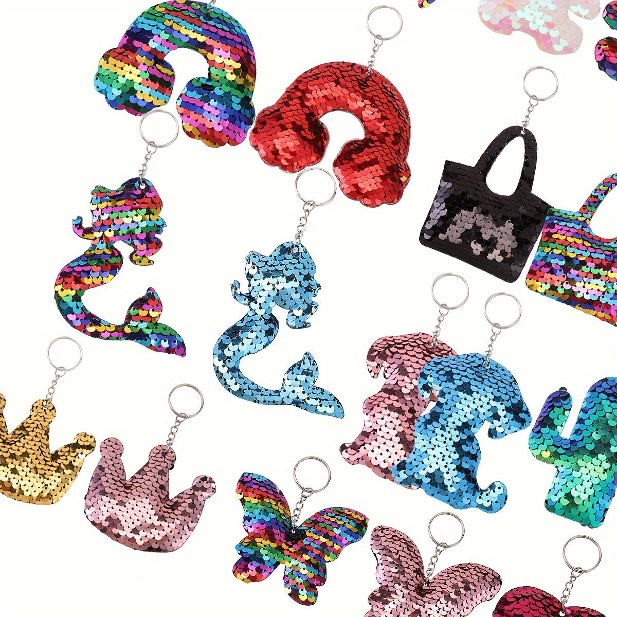 24pcs Sparkling Sequin Keychain Set - Cute Cartoon Flamingo, Mermaid & Butterfly Designs for Girls - Perfect for Backpacks, Birthday, Easter & Valentine's Day Gifts