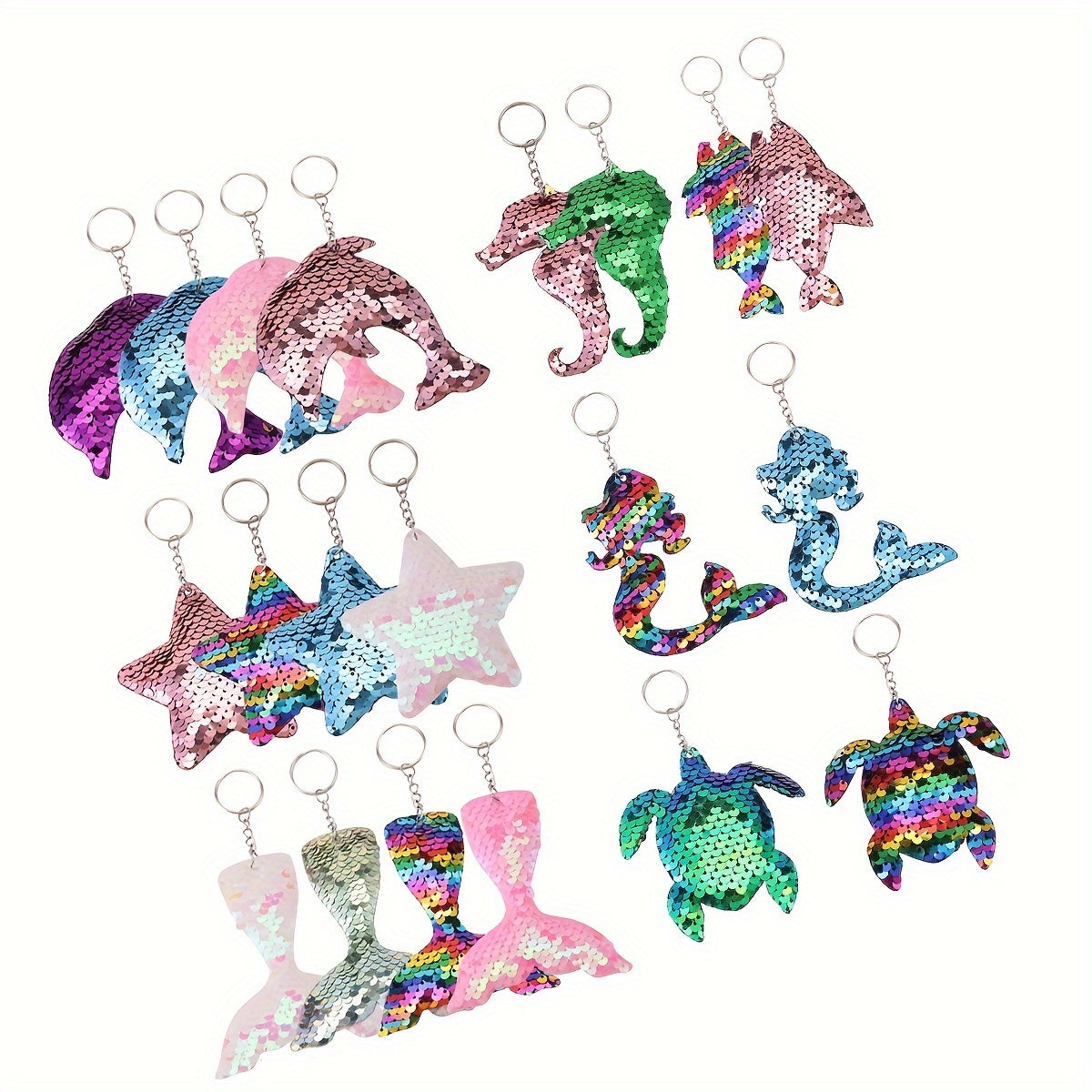 20-Piece Cartoon Mermaid Sequin Keychain Set, Double-Sided Glitter Flip Key Rings, Ocean Themed Sea Star Turtle Fish Tail Animal Shaped Key Rings, Metal, Anime & Cartoon Themed, Ring Buckle, Decorative Keychains for Homecomin