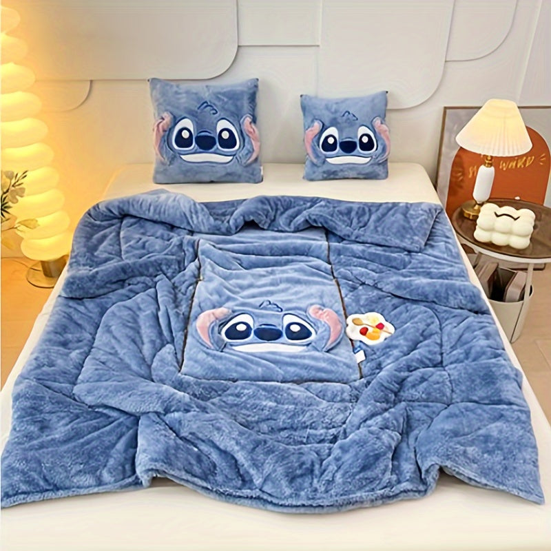 1pc Stitch 2-in-1 Pillow and Blanket Set, Contemporary Cartoon Theme, All-Season Polyester Woven Throw with Embellishments, Portable and Versatile for Travel and Office Use