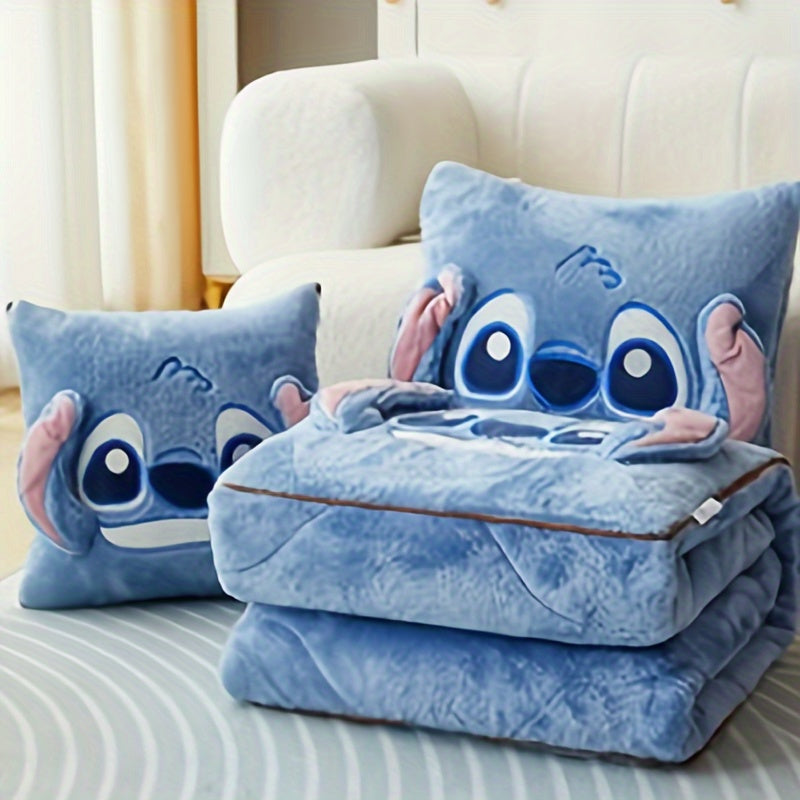 1pc Stitch 2-in-1 Pillow and Blanket Set, Contemporary Cartoon Theme, All-Season Polyester Woven Throw with Embellishments, Portable and Versatile for Travel and Office Use