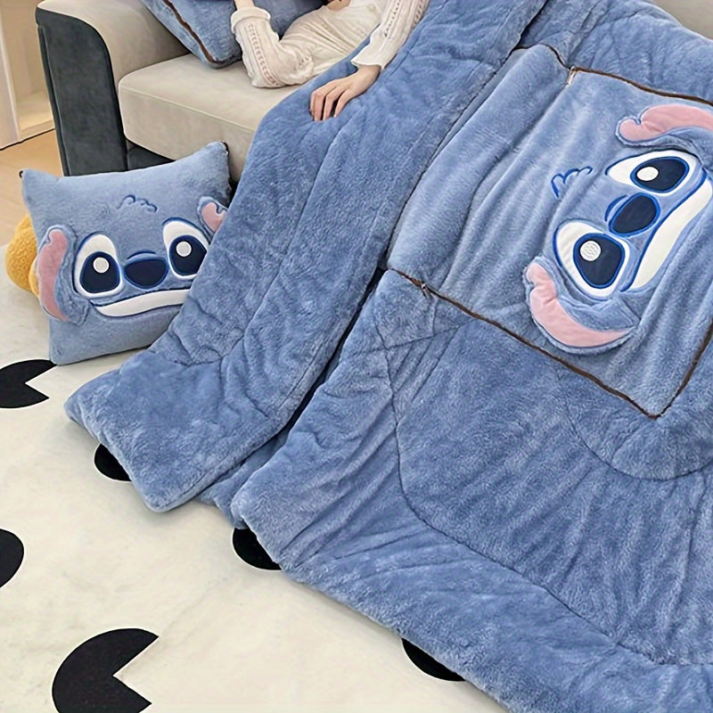 1pc Stitch 2-in-1 Pillow and Blanket Set, Contemporary Cartoon Theme, All-Season Polyester Woven Throw with Embellishments, Portable and Versatile for Travel and Office Use