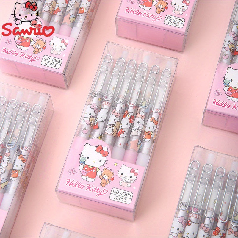 character brand Hello Kitty 12pcs Retractable Gel Pens, Cute Cartoon Design, Black Ink, Smooth Writing for Daily Office Use