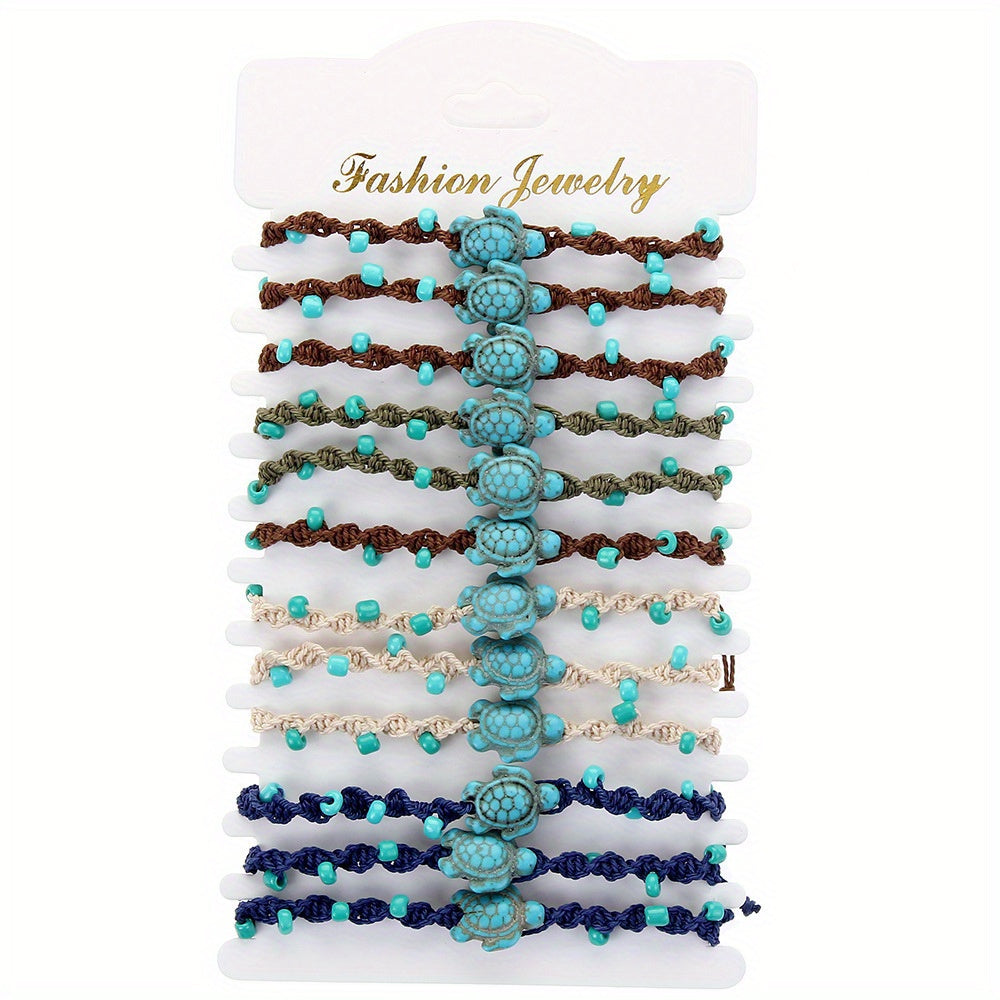 12pcs Boho Chic Turquoise & Turtle Shell Beaded Bracelets