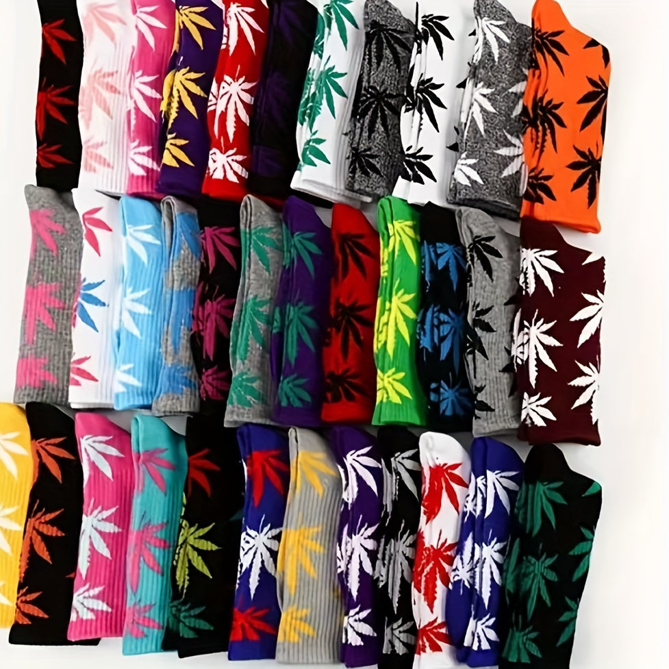 9 Pairs Women's Mid-Calf Socks, Polyester 85%, Spandex 15% Blend, Machine Washable, Knit Fabric, Assorted Colors with Cannabis Leaf Patterns, Comfortable and Breathable for Daily Wear