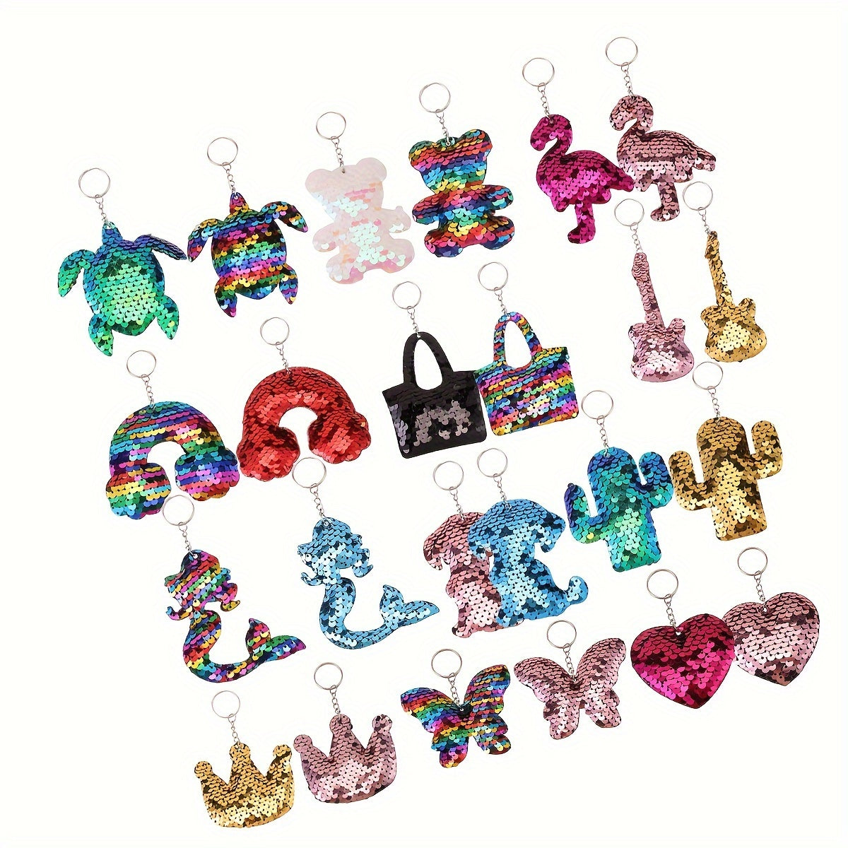 24pcs Sparkling Sequin Keychain Set - Cute Cartoon Flamingo, Mermaid & Butterfly Designs for Girls - Perfect for Backpacks, Birthday, Easter & Valentine's Day Gifts