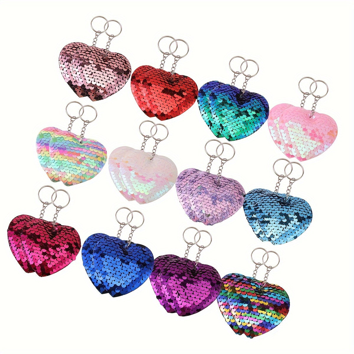 [Hot Selling] 24pcs Sparkling Sequin Heart Keychains - Double-Sided, Cartoon-Themed Metal Charms for Bags & Backpacks - Perfect Party Favors & Birthday Gifts