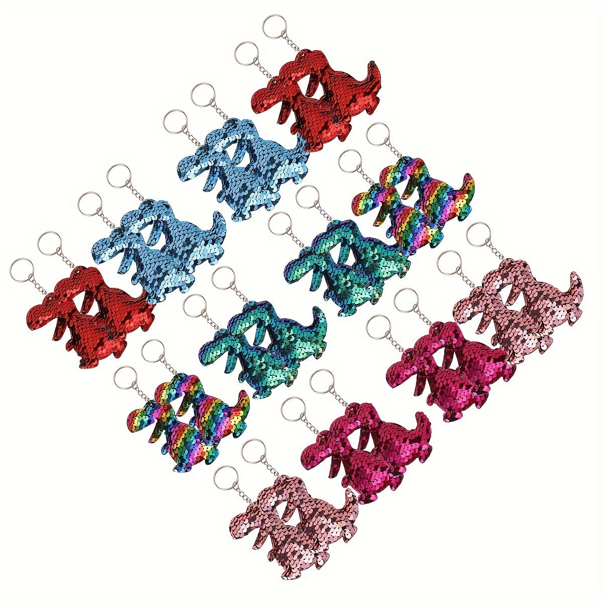 24 Pack Cartoon Sequin Keychains - Sparkling Double-Sided Dinosaur Shape Metal Key Rings for Party Favors, Birthday Supplies, Homecoming Gifts, Decorative Keychain with Ring Buckle