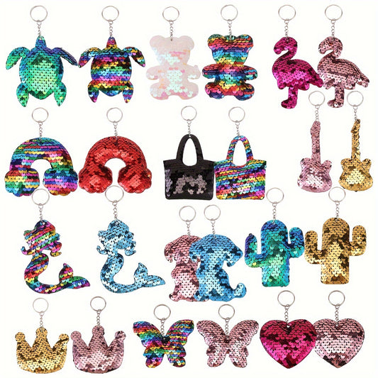 24pcs Sparkling Sequin Keychain Set - Cute Cartoon Flamingo, Mermaid & Butterfly Designs for Girls - Perfect for Backpacks, Birthday, Easter & Valentine's Day Gifts