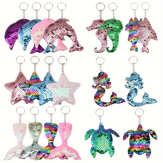 20-Piece Cartoon Mermaid Sequin Keychain Set, Double-Sided Glitter Flip Key Rings, Ocean Themed Sea Star Turtle Fish Tail Animal Shaped Key Rings, Metal, Anime & Cartoon Themed, Ring Buckle, Decorative Keychains for Homecomin