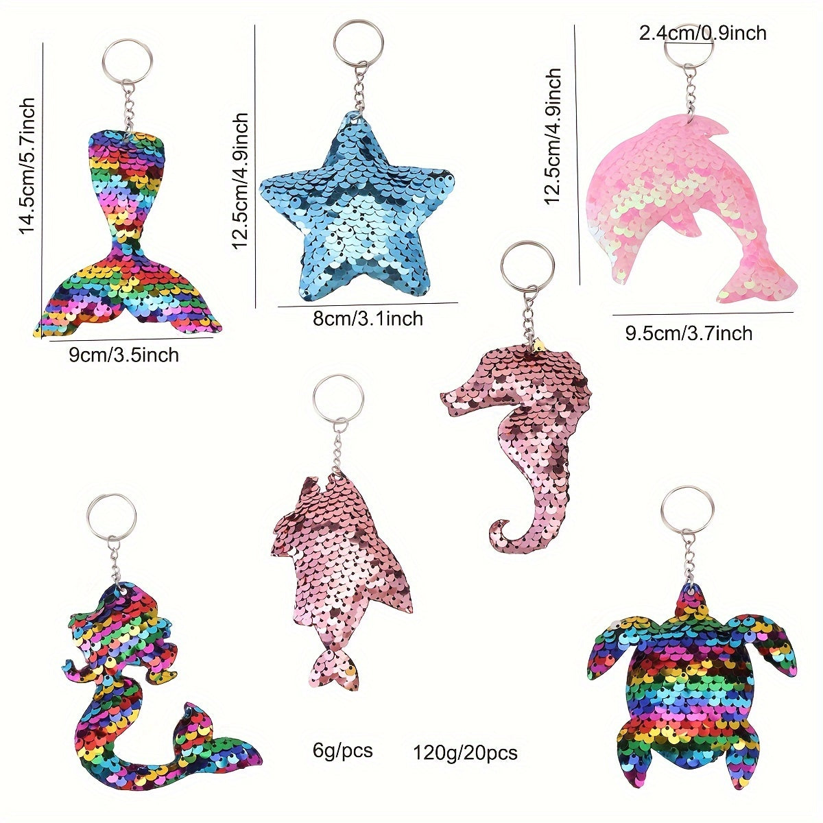 20-Piece Cartoon Mermaid Sequin Keychain Set, Double-Sided Glitter Flip Key Rings, Ocean Themed Sea Star Turtle Fish Tail Animal Shaped Key Rings, Metal, Anime & Cartoon Themed, Ring Buckle, Decorative Keychains for Homecomin