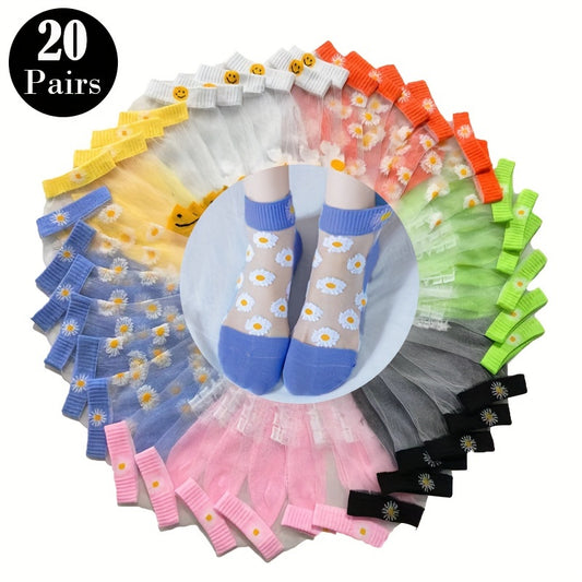 20 pairs 20 Pairs Daisy Crystal Silk Sheer Short Socks for Women, Breathable & Cute Stockings