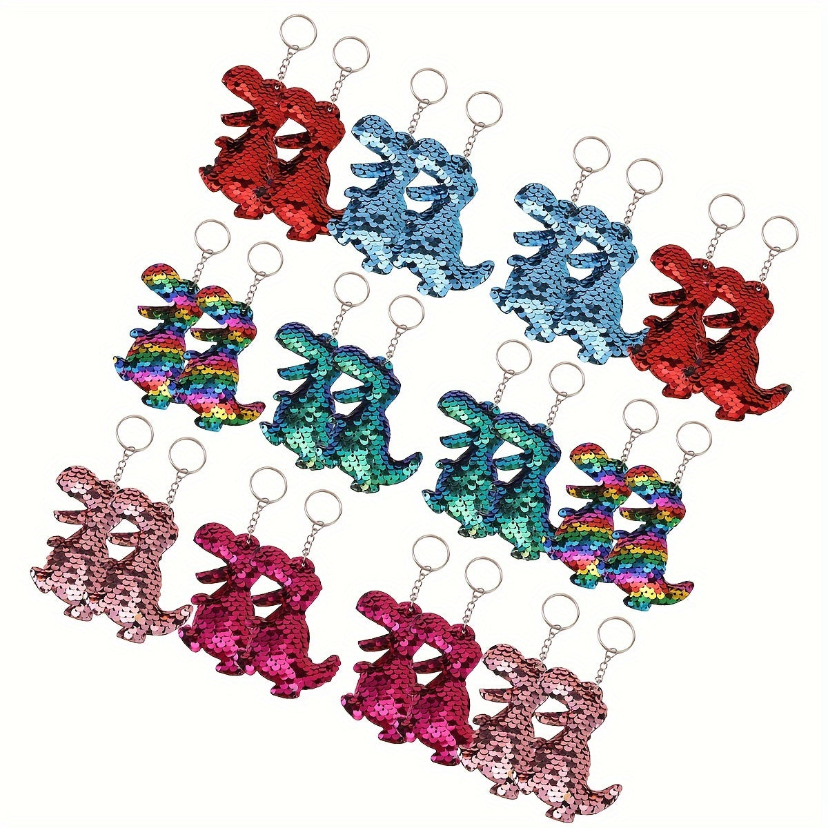 24 Pack Cartoon Sequin Keychains - Sparkling Double-Sided Dinosaur Shape Metal Key Rings for Party Favors, Birthday Supplies, Homecoming Gifts, Decorative Keychain with Ring Buckle