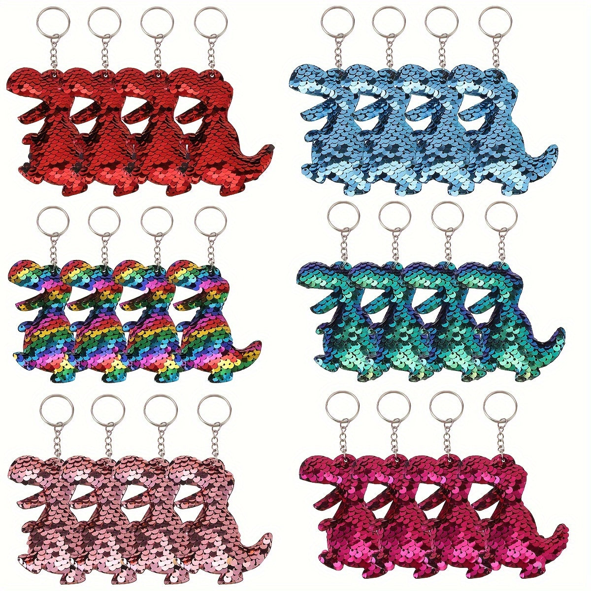 24 Pack Cartoon Sequin Keychains - Sparkling Double-Sided Dinosaur Shape Metal Key Rings for Party Favors, Birthday Supplies, Homecoming Gifts, Decorative Keychain with Ring Buckle