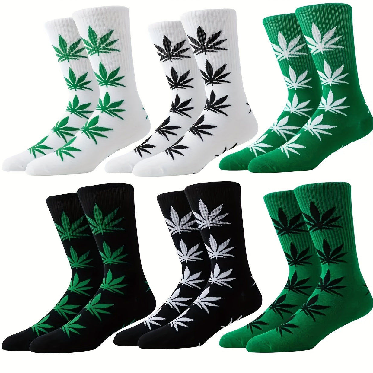 9 Pairs Women's Mid-Calf Socks, Polyester 85%, Spandex 15% Blend, Machine Washable, Knit Fabric, Assorted Colors with Cannabis Leaf Patterns, Comfortable and Breathable for Daily Wear