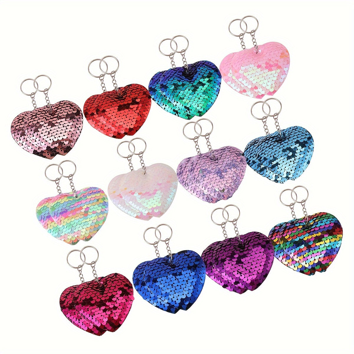 [Hot Selling] 24pcs Sparkling Sequin Heart Keychains - Double-Sided, Cartoon-Themed Metal Charms for Bags & Backpacks - Perfect Party Favors & Birthday Gifts