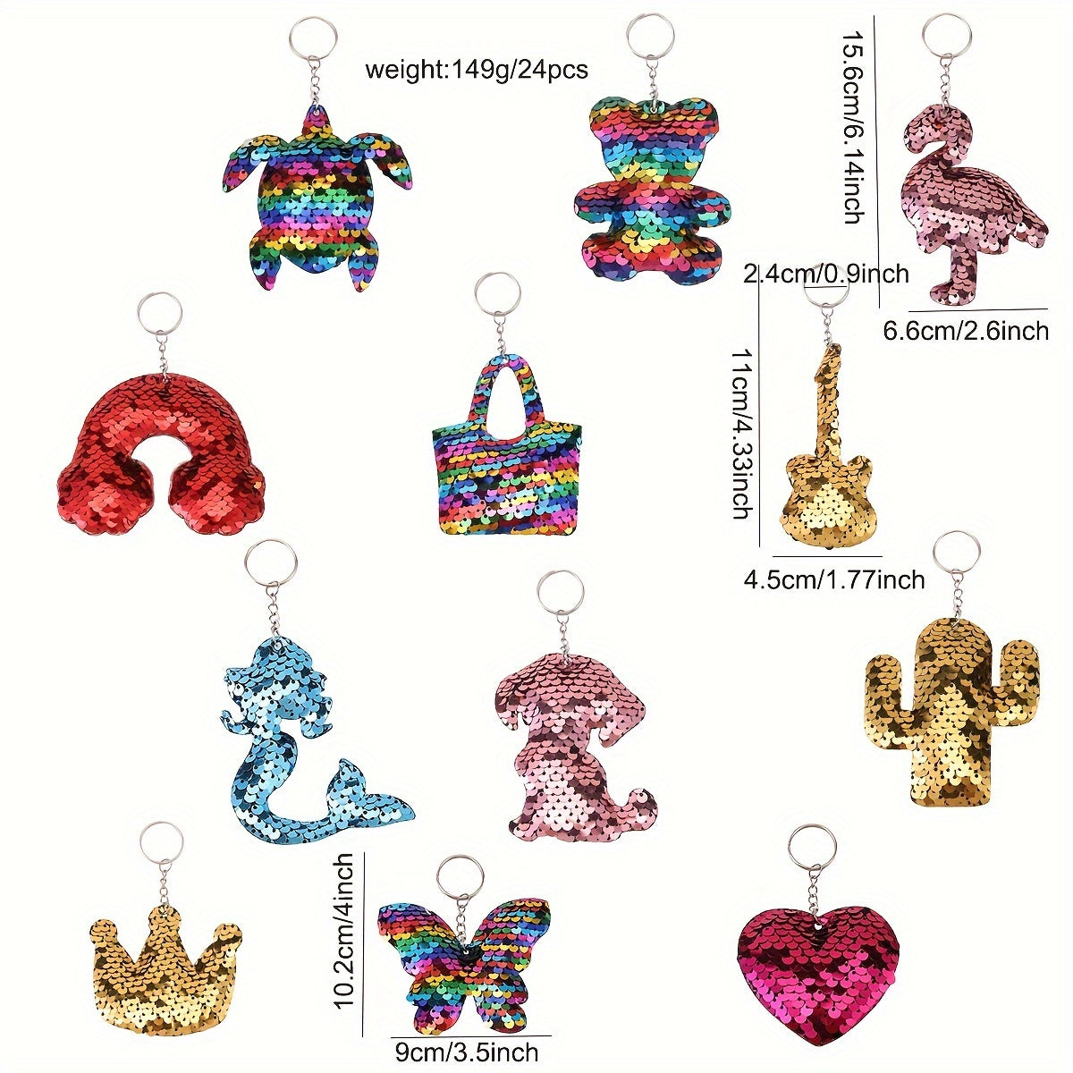 24pcs Sparkling Sequin Keychain Set - Cute Cartoon Flamingo, Mermaid & Butterfly Designs for Girls - Perfect for Backpacks, Birthday, Easter & Valentine's Day Gifts