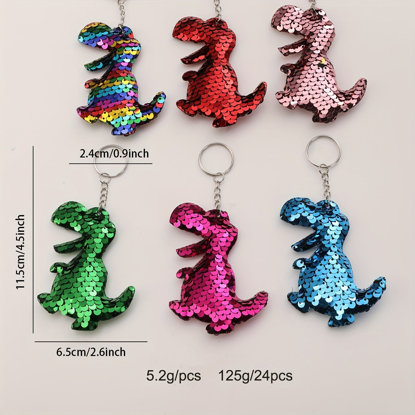 24 Pack Cartoon Sequin Keychains - Sparkling Double-Sided Dinosaur Shape Metal Key Rings for Party Favors, Birthday Supplies, Homecoming Gifts, Decorative Keychain with Ring Buckle