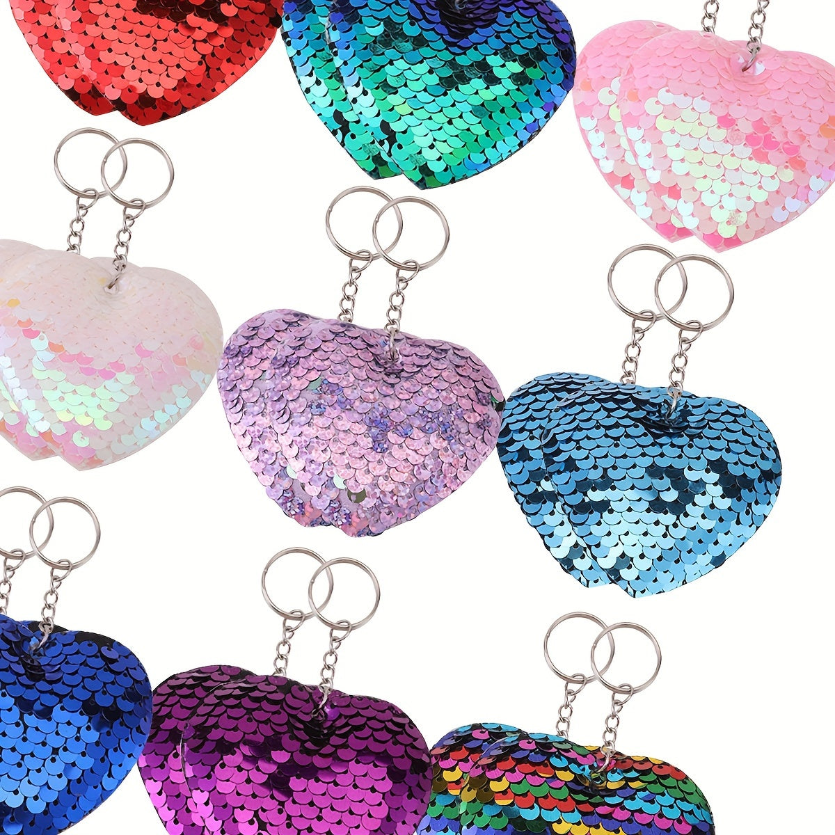 [Hot Selling] 24pcs Sparkling Sequin Heart Keychains - Double-Sided, Cartoon-Themed Metal Charms for Bags & Backpacks - Perfect Party Favors & Birthday Gifts