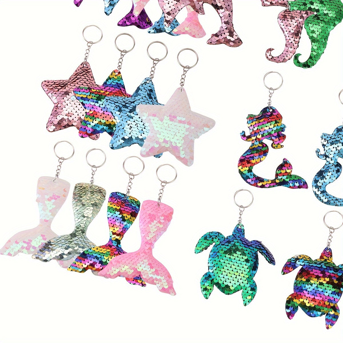 20-Piece Cartoon Mermaid Sequin Keychain Set, Double-Sided Glitter Flip Key Rings, Ocean Themed Sea Star Turtle Fish Tail Animal Shaped Key Rings, Metal, Anime & Cartoon Themed, Ring Buckle, Decorative Keychains for Homecomin