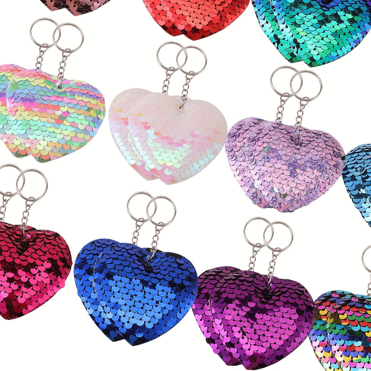 [Hot Selling] 24pcs Sparkling Sequin Heart Keychains - Double-Sided, Cartoon-Themed Metal Charms for Bags & Backpacks - Perfect Party Favors & Birthday Gifts